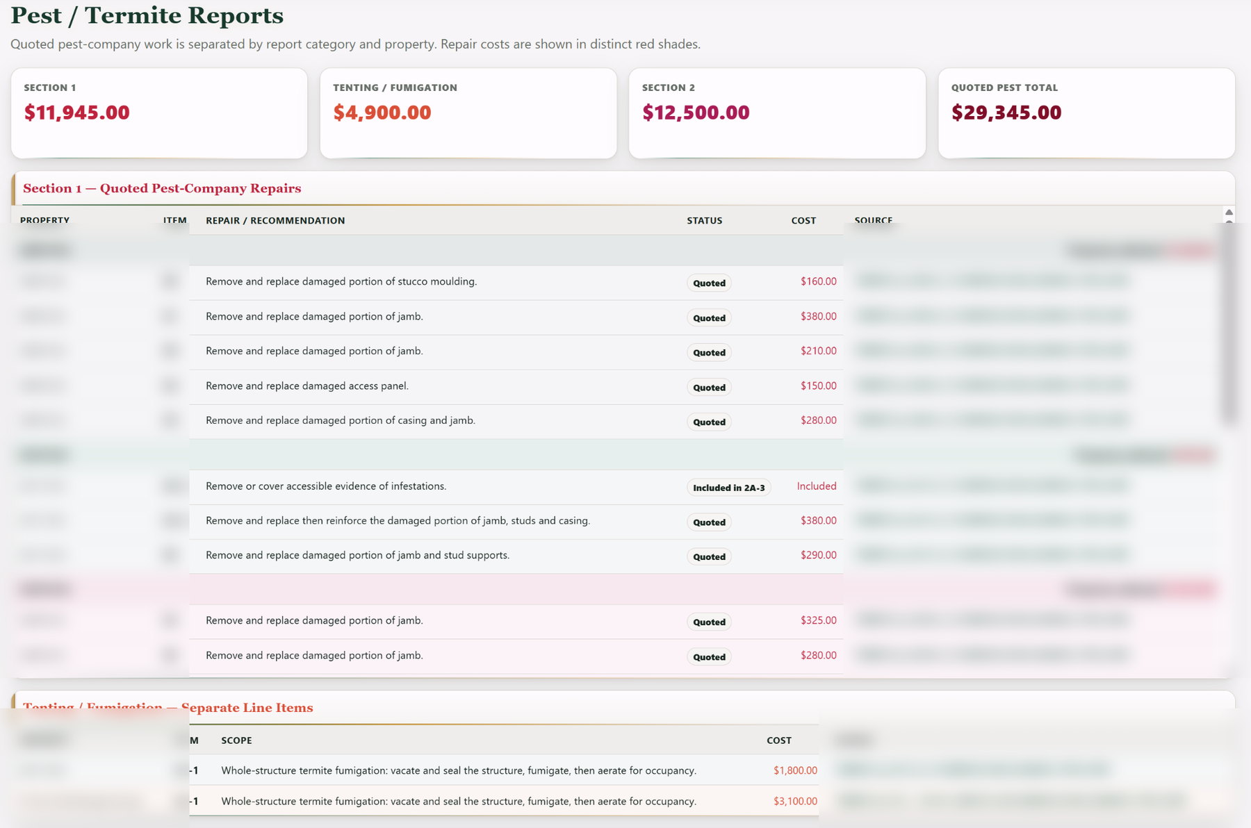 Due Diligence Dashboard pest and termite reports screen