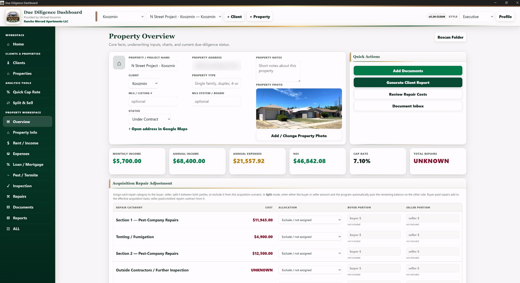Due Diligence Dashboard Property Overview screen
